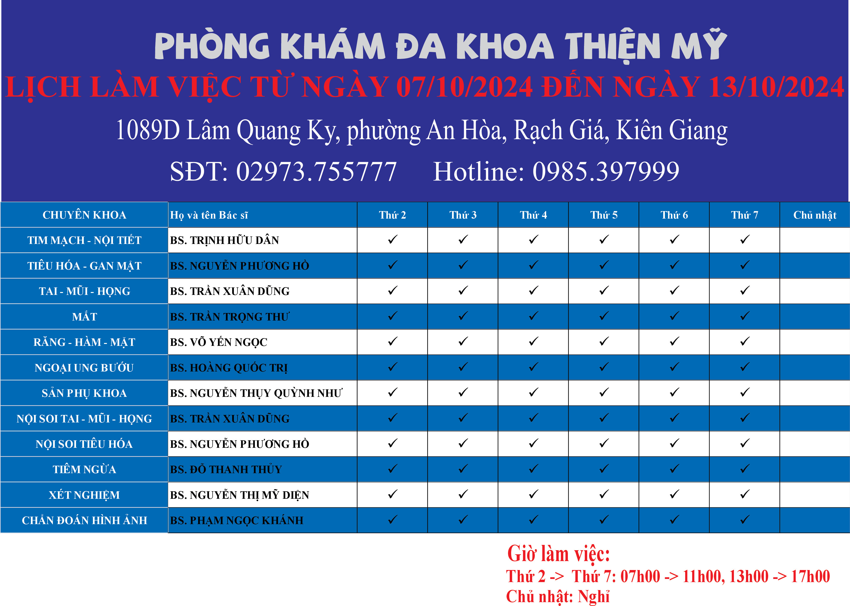 LỊCH LÀM VIỆC TỪ NGÀY 07/10/2024 ĐẾN NGÀY 13/10/2024